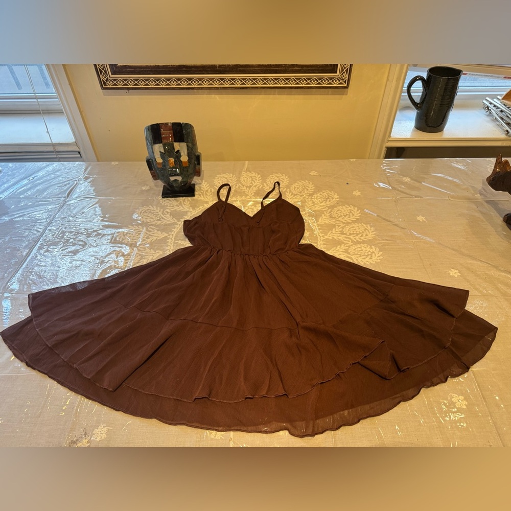 ❤️ Two Piece Elegant Brown Tiered Ruffled Chiffon Mini Dress Set with Liner - Picture 12 of 12
